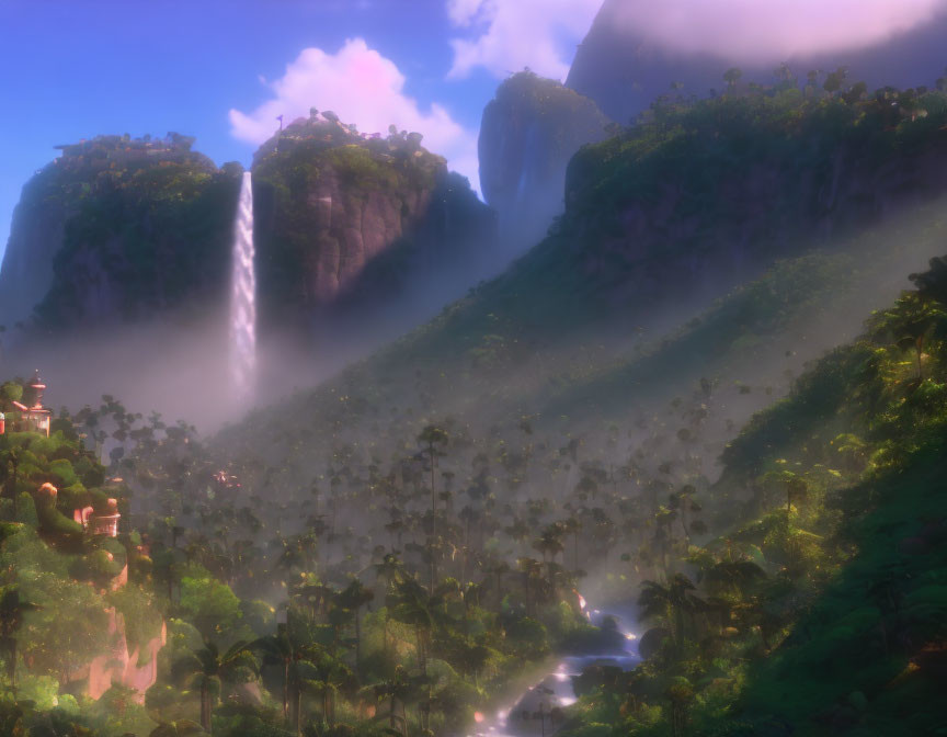 Mystical landscape with towering waterfall and lush greenery