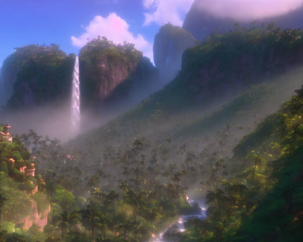 Mystical landscape with towering waterfall and lush greenery