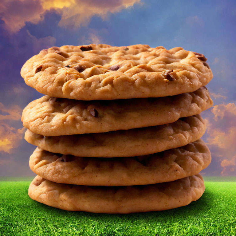 Stack of Chocolate Chip Cookies on Green Surface Under Twilight Sky