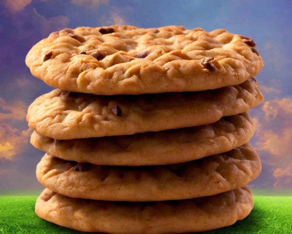 Stack of Chocolate Chip Cookies on Green Surface Under Twilight Sky