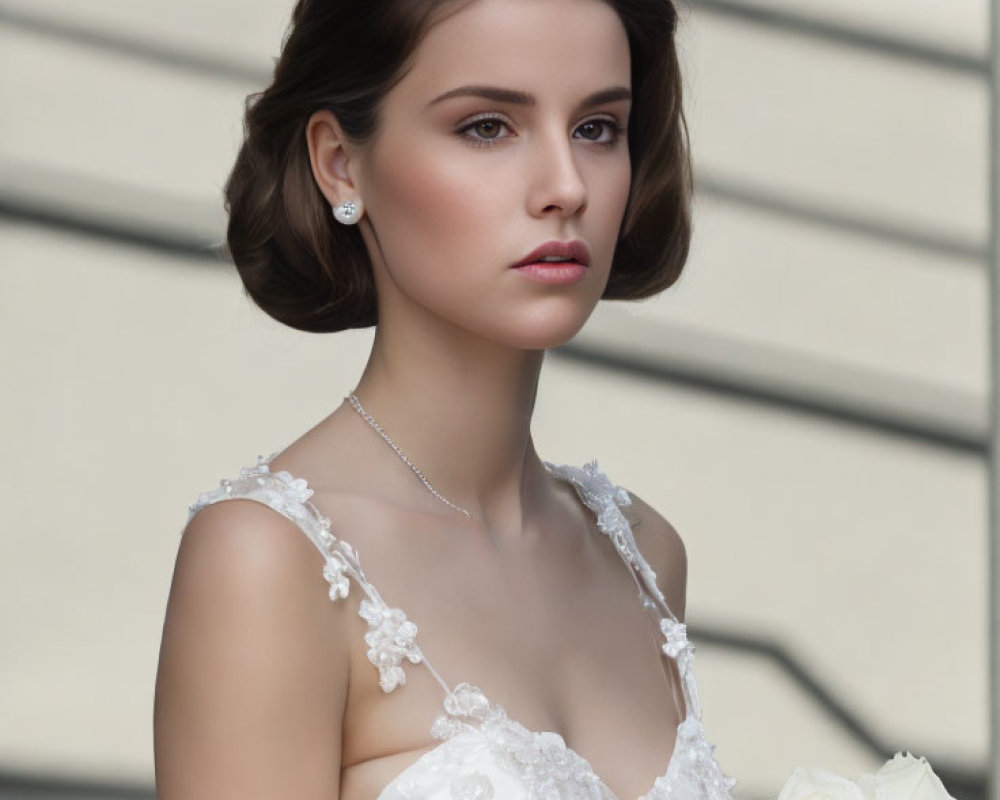 Bridal portrait of woman in white gown with lace details holding white rose bouquet