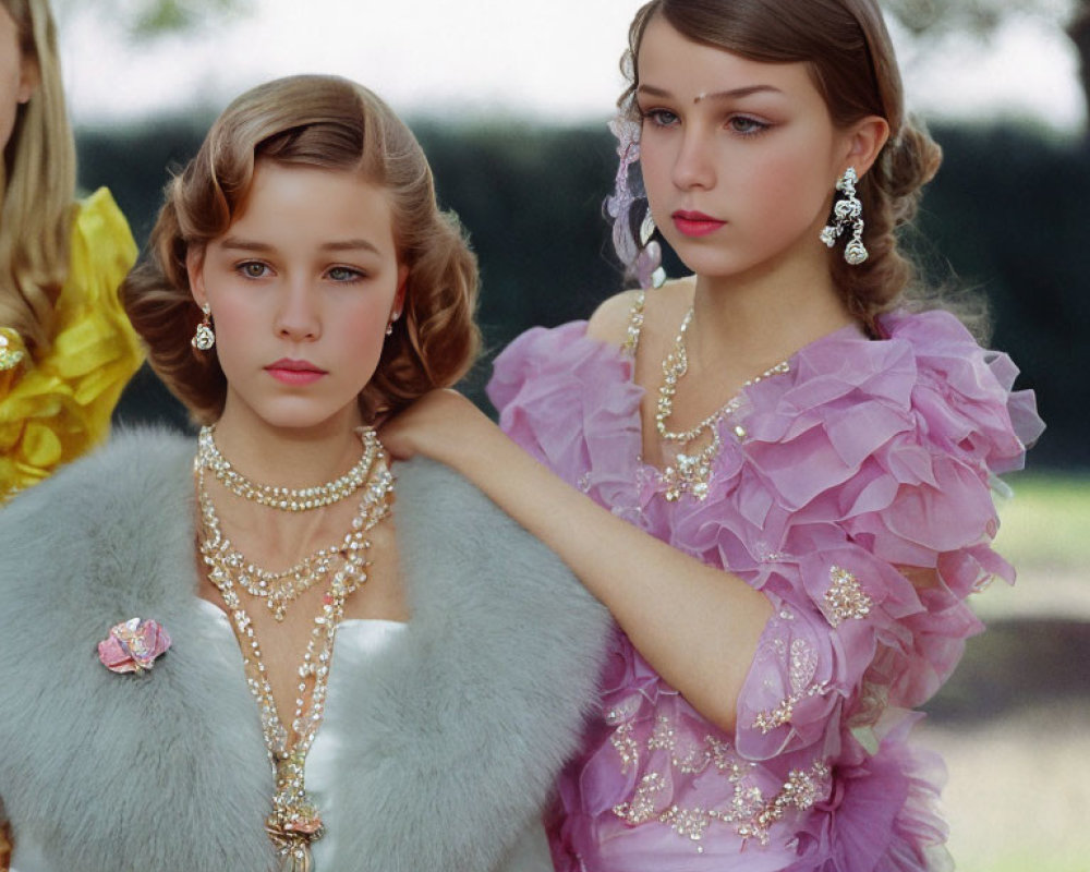 Elegant vintage-inspired attire on two young women in opulent jewelry