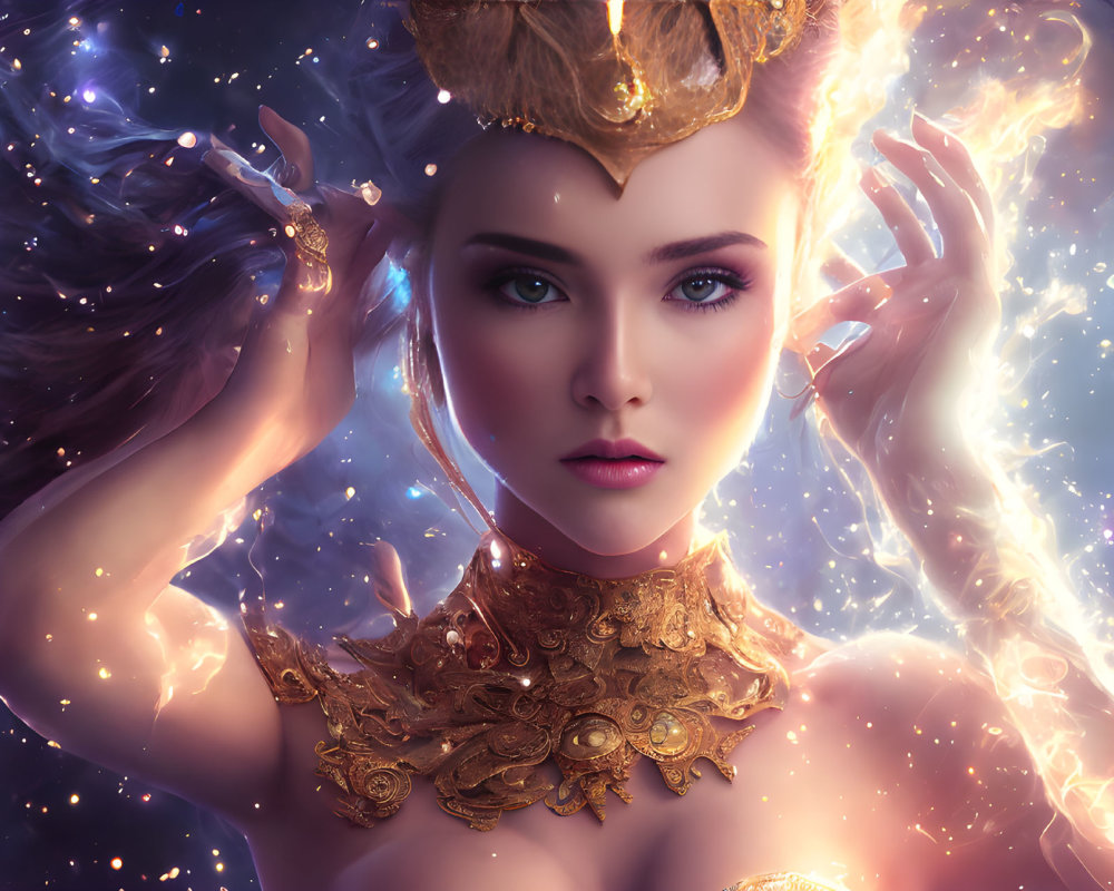 Ethereal woman in golden crown and armor with cosmic energy.