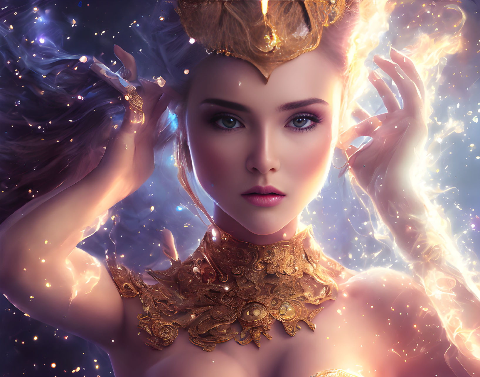 Ethereal woman in golden crown and armor with cosmic energy.