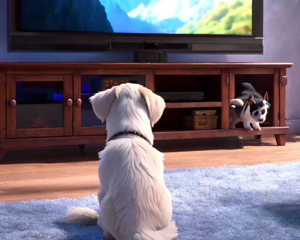 Two dogs watching TV in cozy living room