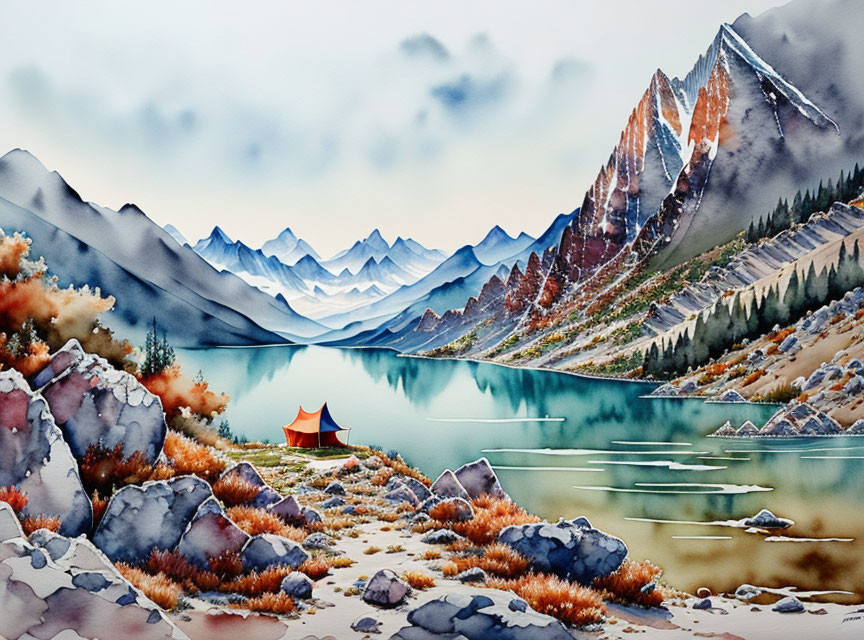 Mountainous Landscape Watercolor Painting with Lake and Orange Tent