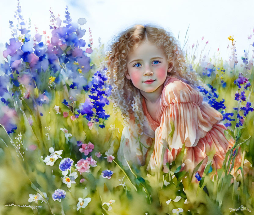 Young girl with curly blonde hair in peach dress among colorful wildflowers