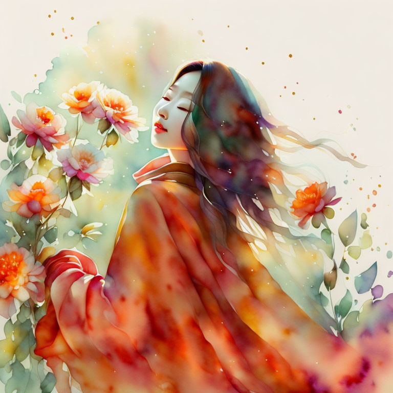 Colorful Watercolor Art: Woman Surrounded by Flowers