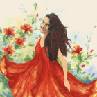 Colorful Watercolor Art: Woman Surrounded by Flowers