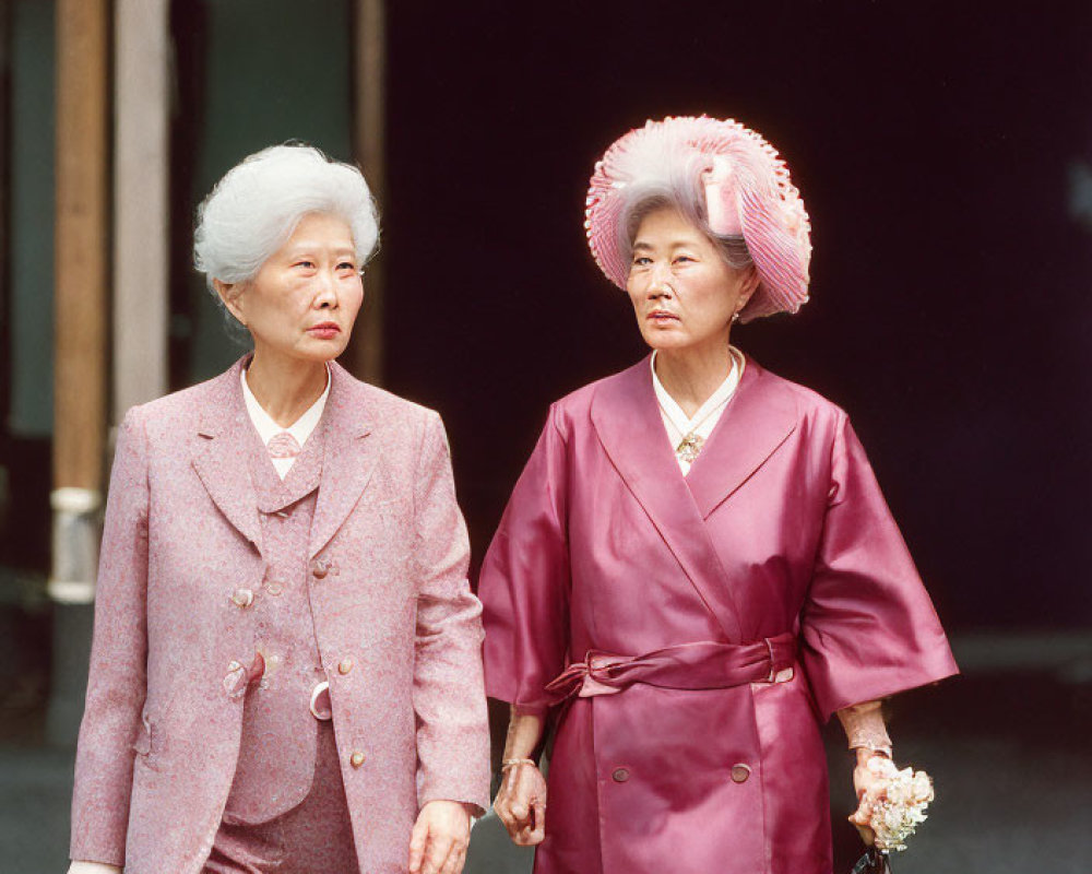 Elderly women in Japanese kimono and Western attire walking together