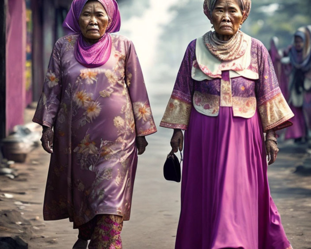 Elderly women in traditional attire walking in cityscape