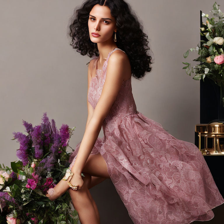 Elegant woman in pink lace dress surrounded by flowers