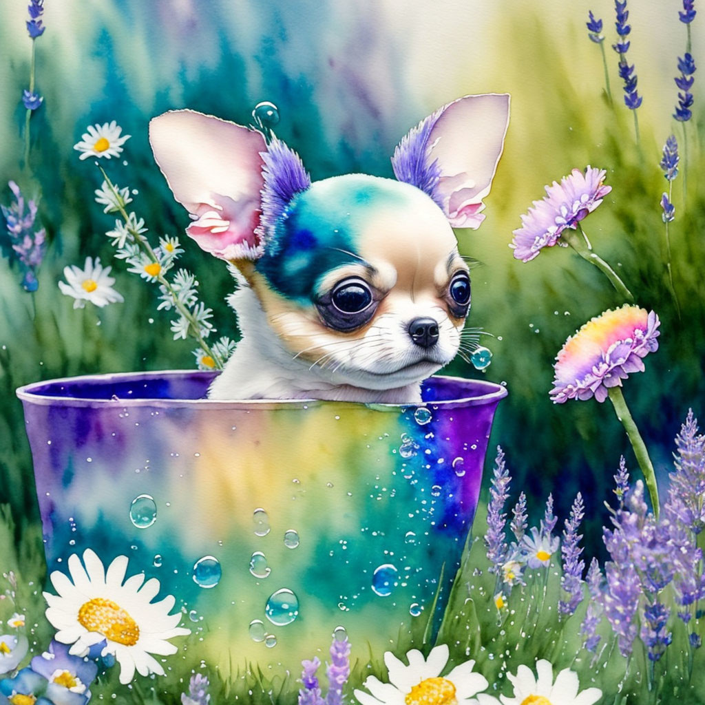 Chihuahua Puppy in Colorful Cup Among Wildflowers and Lavender