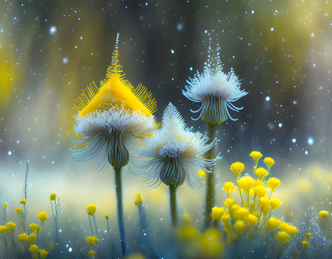 Glowing yellow exotic flowers in dreamy fantasy setting