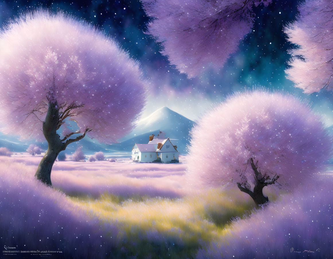 Tranquil landscape with cherry blossoms, starlit sky, and distant mountain