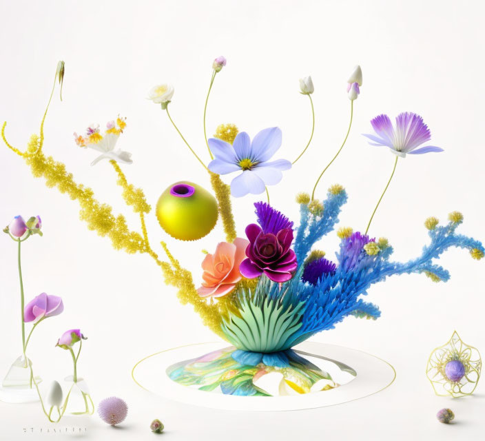 Colorful surreal composition: diverse flowers and plants on abstract elements, white background