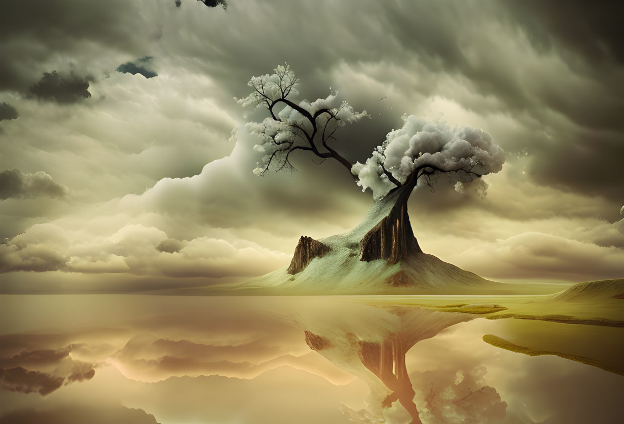 Surreal landscape: lone tree on cracked hill, blossoming branches, dramatic skies, reflective water