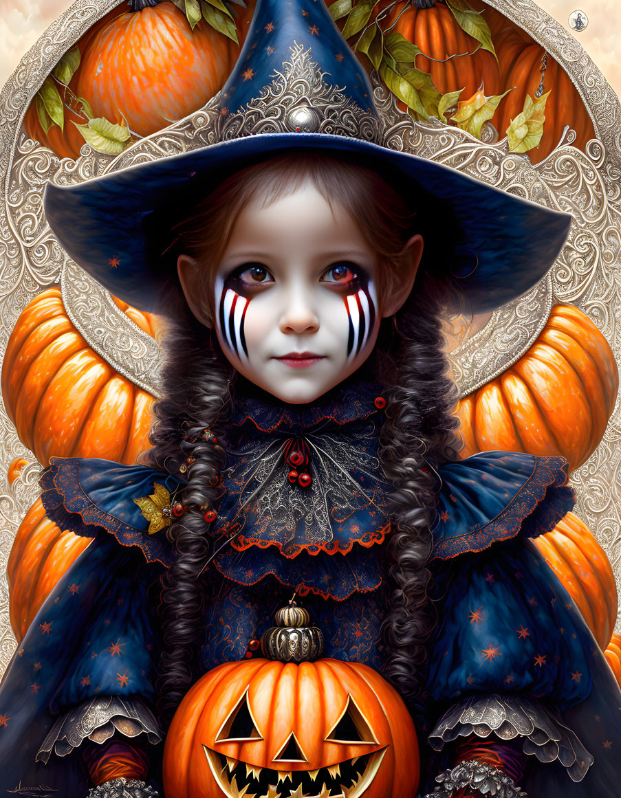 Young girl in witch costume with jack-o'-lantern face paint among pumpkins