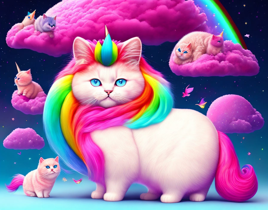 Multicolored cat with unicorn horn in vibrant whimsical setting