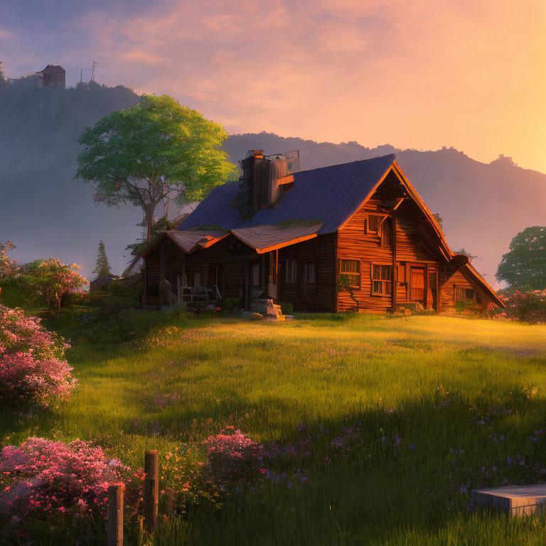 Scenic wooden cabin with blooming flowers at sunset