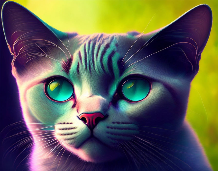 Colorful digital art: Cat with turquoise eyes on yellow-green backdrop