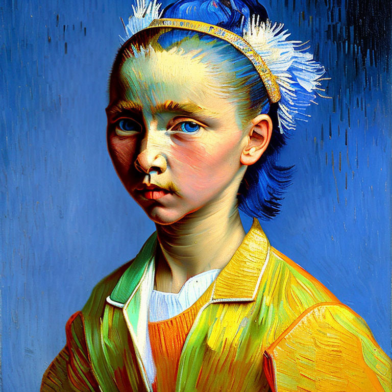 Vibrant portrait of young person with blue hair and yellow jacket