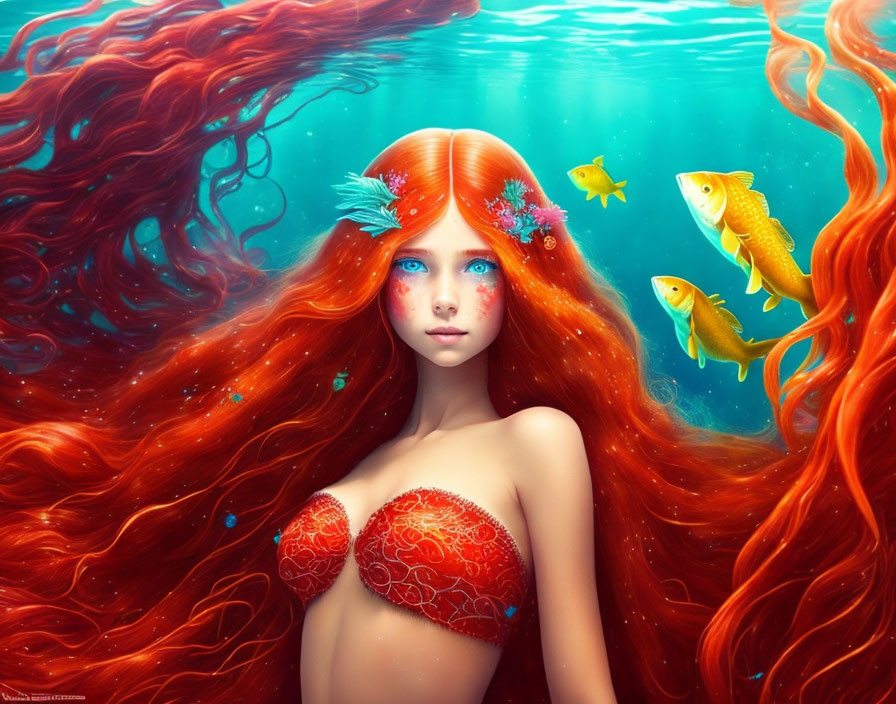 Vivid red-haired mermaid with blue eyes submerged in water surrounded by fish