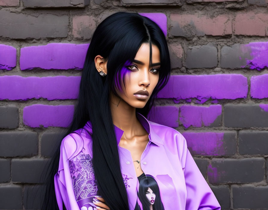 Digital artwork: Woman with long black hair, purple eyes, and tattoo in purple shirt against brick wall