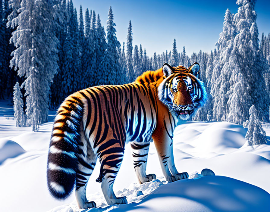 Colorful Tiger in Snowy Forest with Blue Skies and Pine Trees