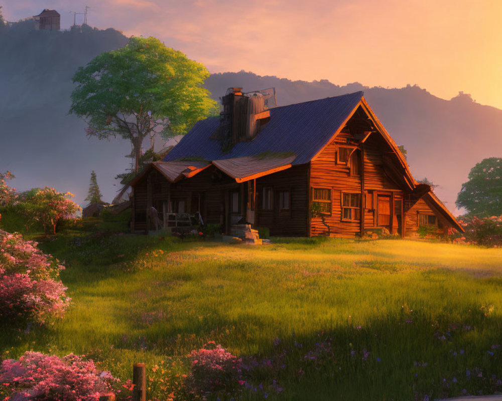 Scenic wooden cabin with blooming flowers at sunset