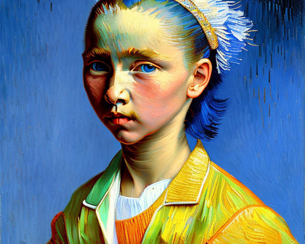 Vibrant portrait of young person with blue hair and yellow jacket