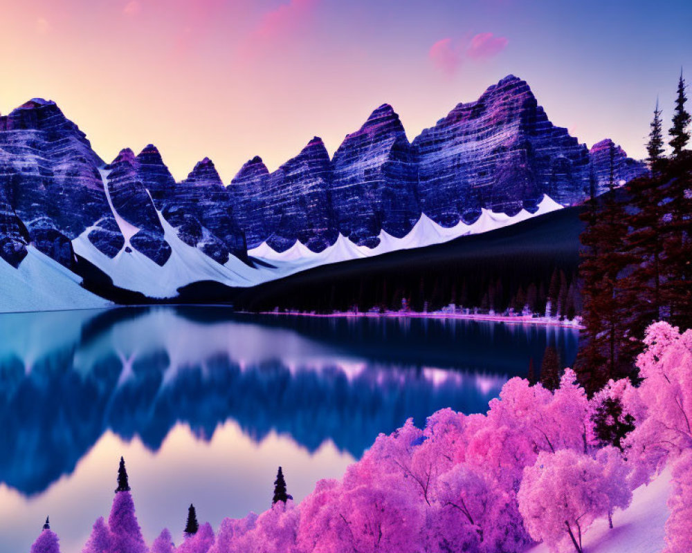 Scenic lakeside view with mountain reflection and colorful sky