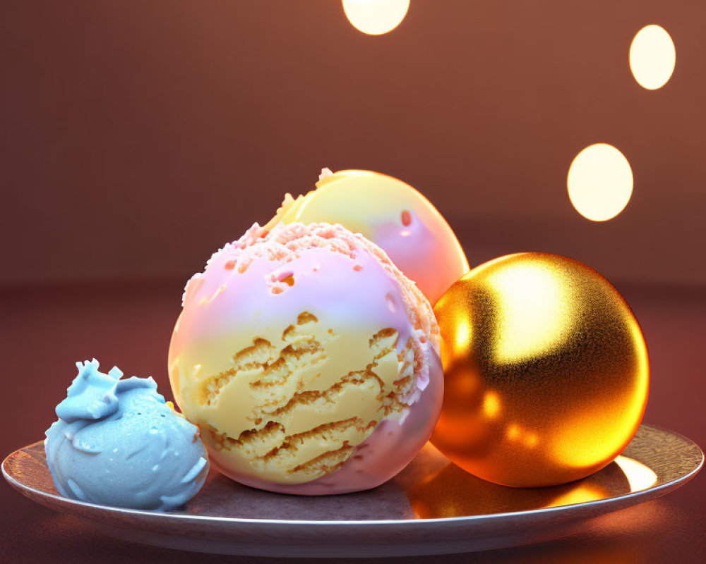 Three-flavor ice cream scoops on plate with warm bokeh background