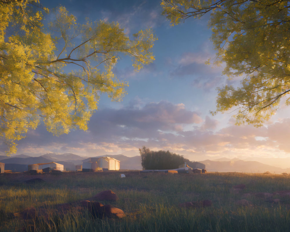 Tranquil rural landscape with lush trees and distant mountains in golden sunlight