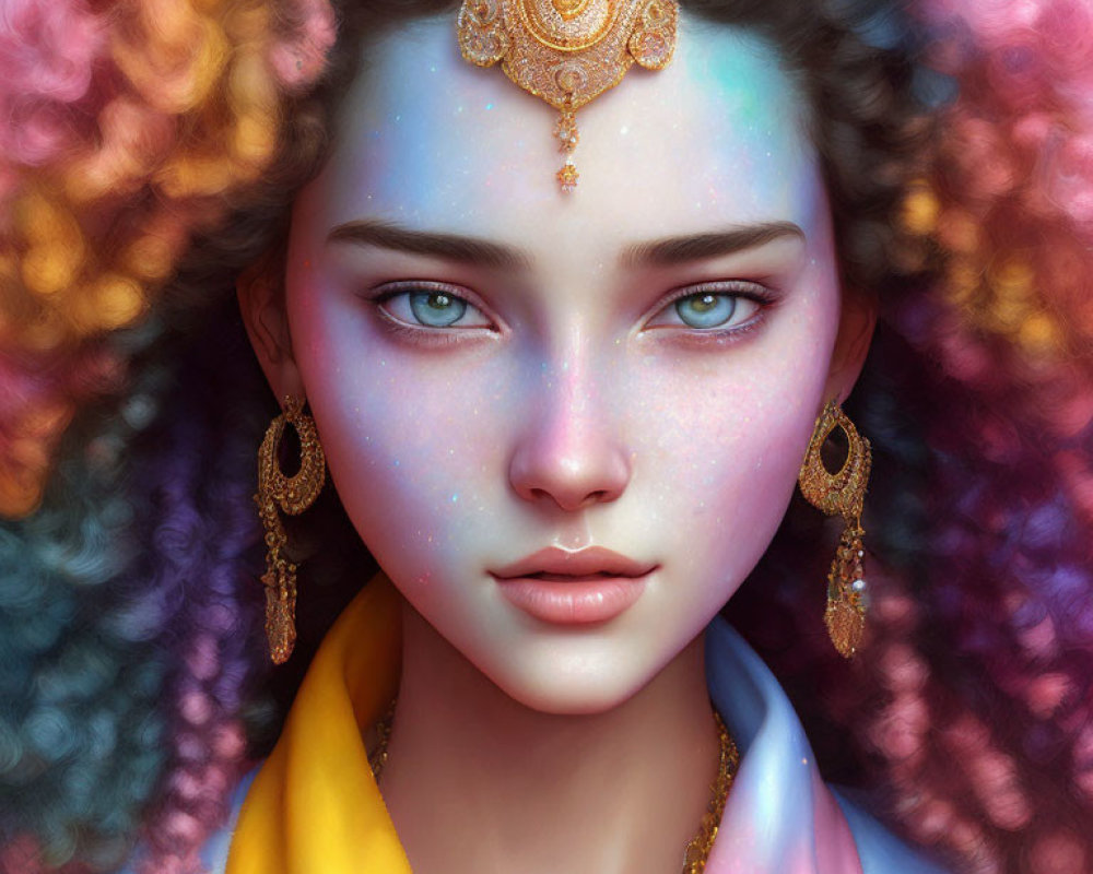 Multicolored Curly Hair Woman with Blue Eyes and Gold Jewelry