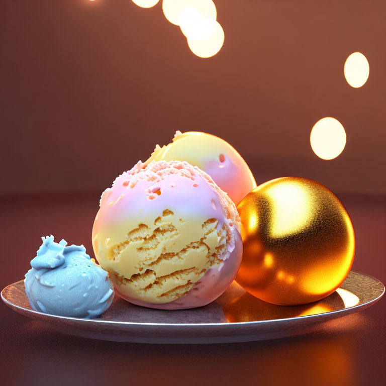 Three-flavor ice cream scoops on plate with warm bokeh background