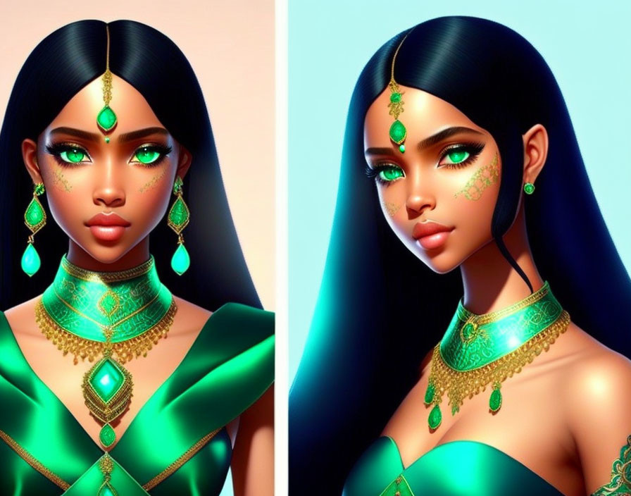 Stylized animated female character in ethnic attire, facing front and profile.