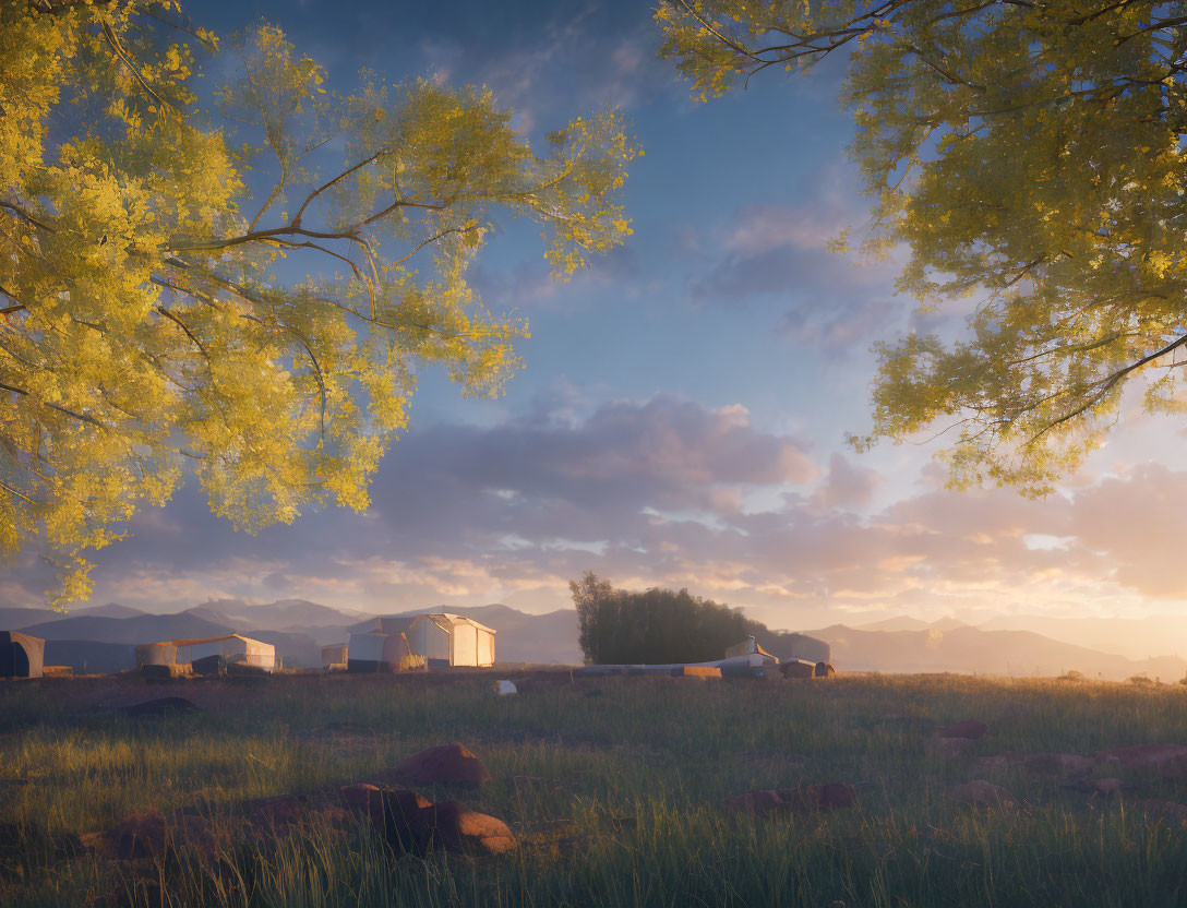 Tranquil rural landscape with lush trees and distant mountains in golden sunlight