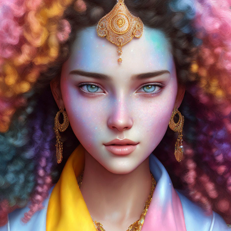 Multicolored Curly Hair Woman with Blue Eyes and Gold Jewelry