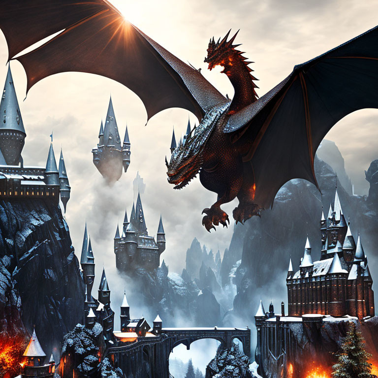 Majestic dragon flying over medieval castle and misty mountains