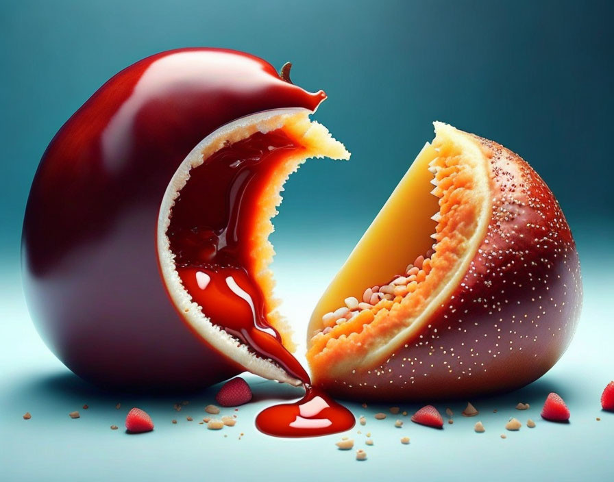 Surreal image: Plump fruit cut open with red liquid center