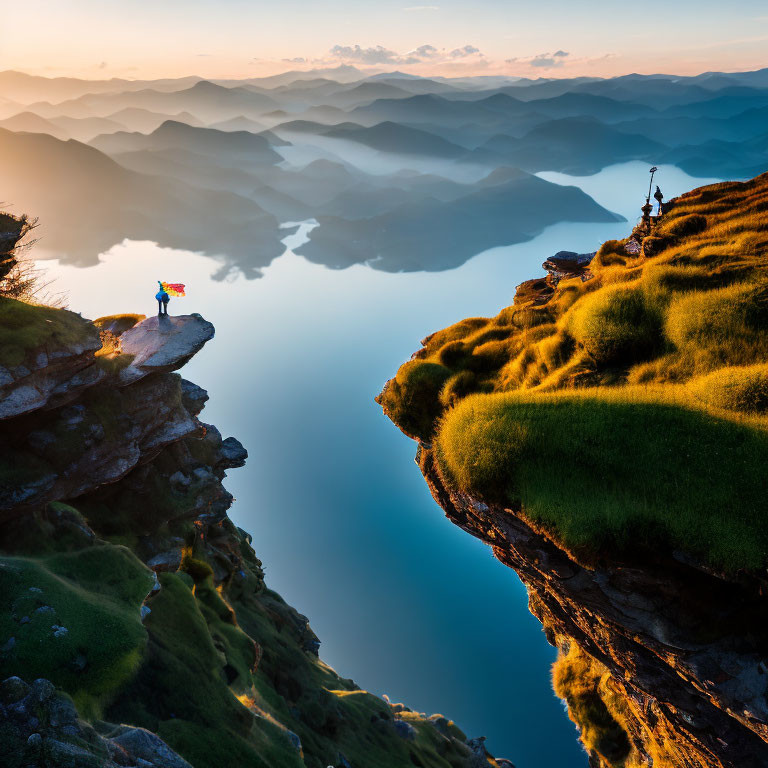 Hiker on Cliff Edge with Tripod, Misty Sunrise Mountain Landscape