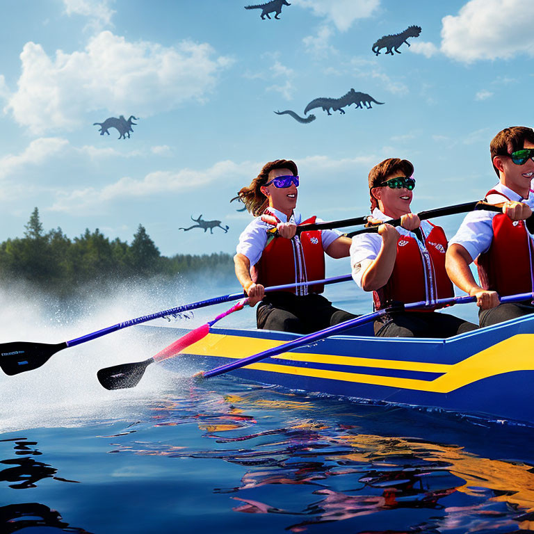 Three rowers in blue and yellow boat with flying dinosaur silhouettes