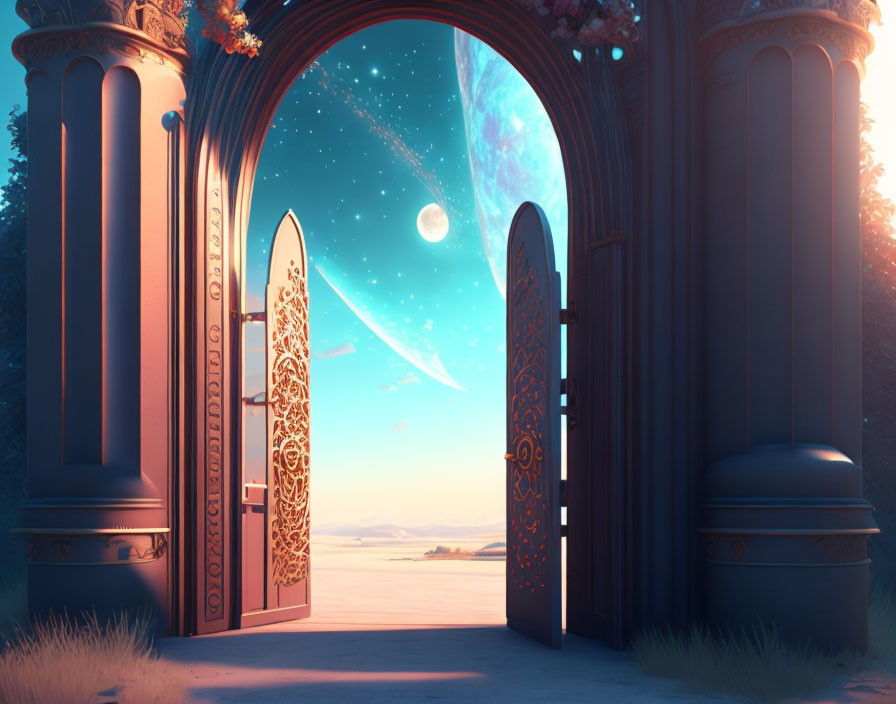 Ornate open door between forest and surreal desert landscape