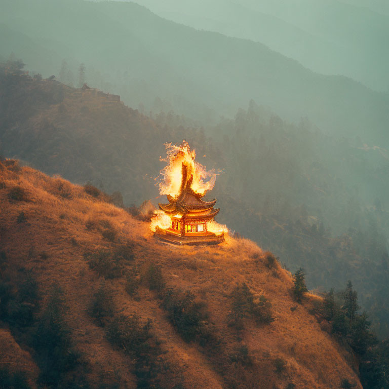 Traditional Pagoda on Hillside Glowing in Firelight