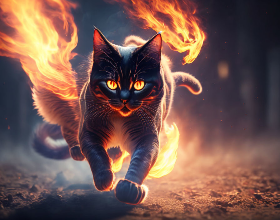 Black cat with glowing eyes and flaming wings in mystical setting