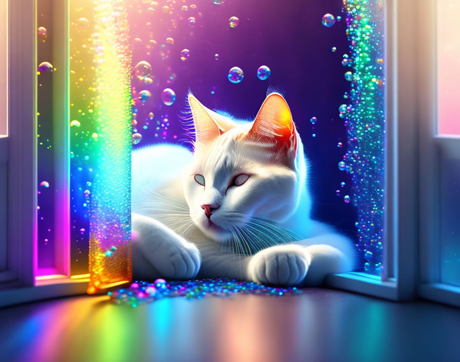 White Cat Relaxing by Window with Colorful Light Spectrum and Floating Bubbles