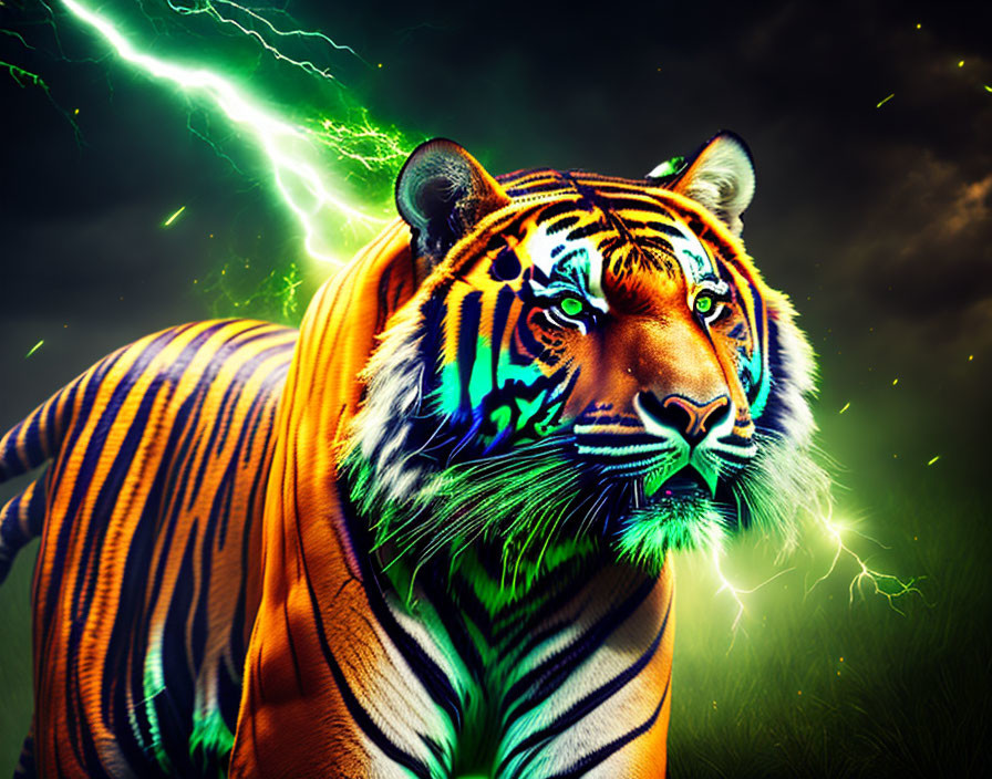 Colorful Tiger with Neon Green and Orange Stripes on Dark Background