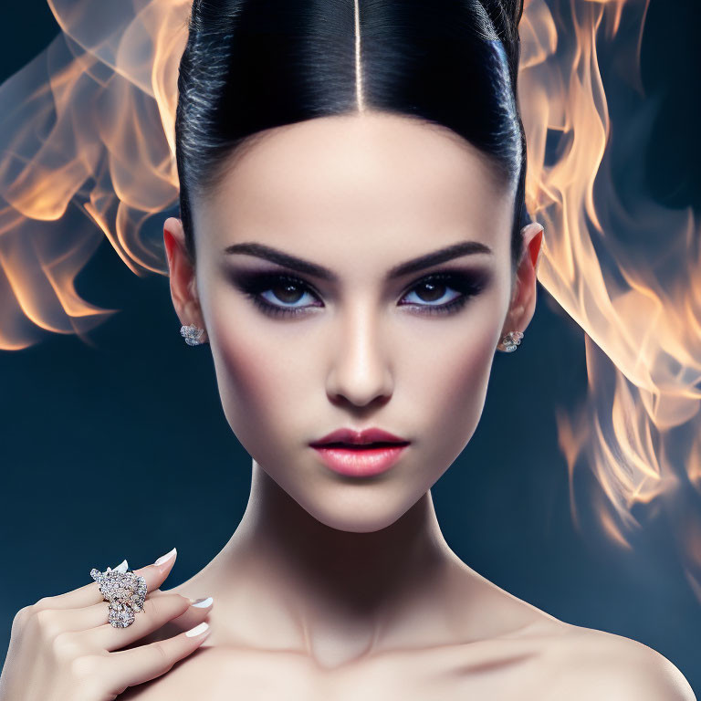 Woman with sleek hair and diamond earrings posing with flames, showcasing a sparkling ring.