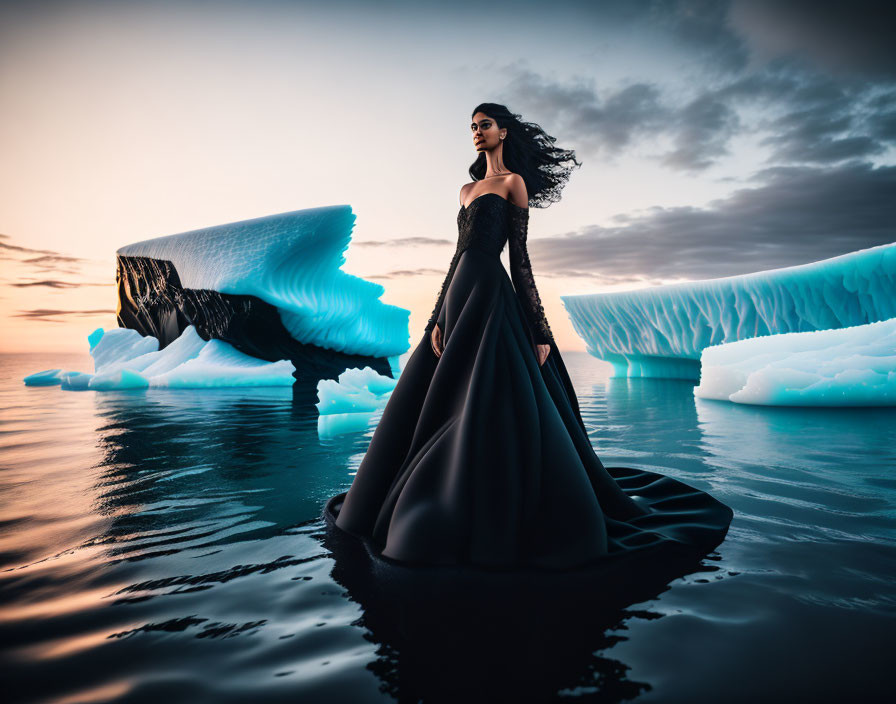 Woman in Black Dress Standing on Water with Icebergs in Twilight Sky